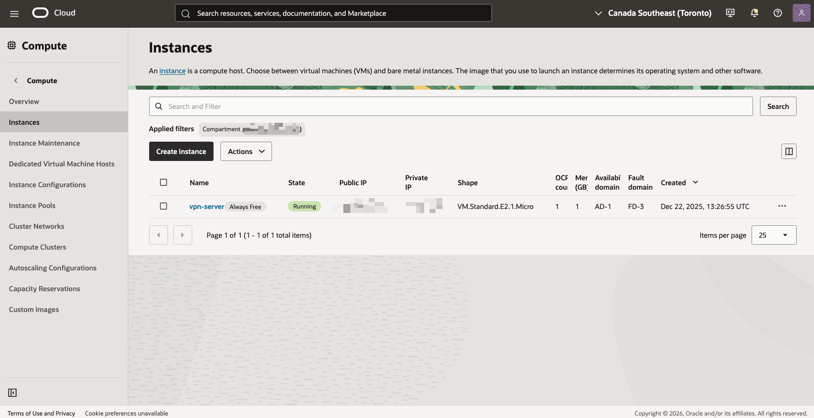 Oracle Cloud console listing a vpn-server instance with an Always Free badge, Running, on a VM.Standard.E2.1.Micro shape, created December 2025