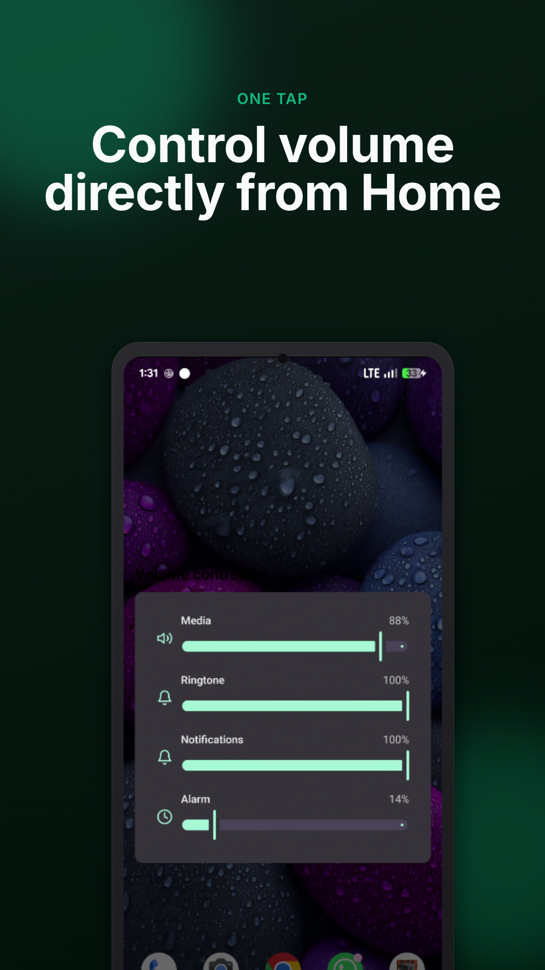 Tap the widget and a popup with volume sliders appears instantly